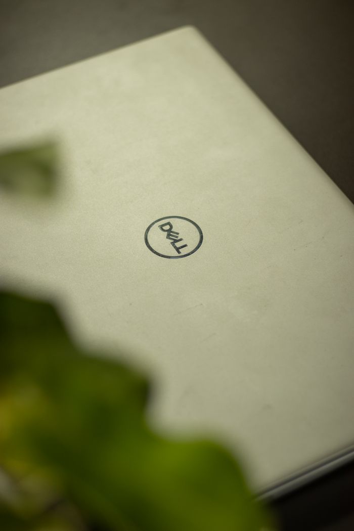 hero-img-02 Close-up shot of a silver laptop with the Dell logo. Blurred green leaves add aesthetic depth.